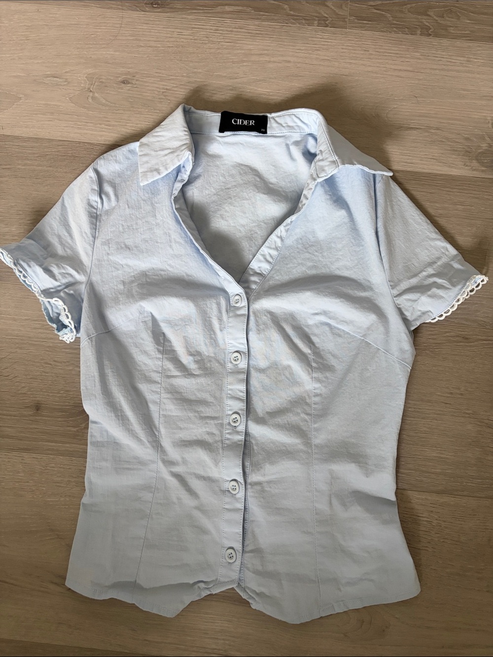 Cider Pale Blue Short Sleeve Button-Down Shirt with Lace Trim